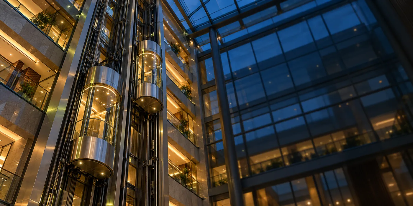 Glass capsule elevator by Sigma Elevators in a commercial building